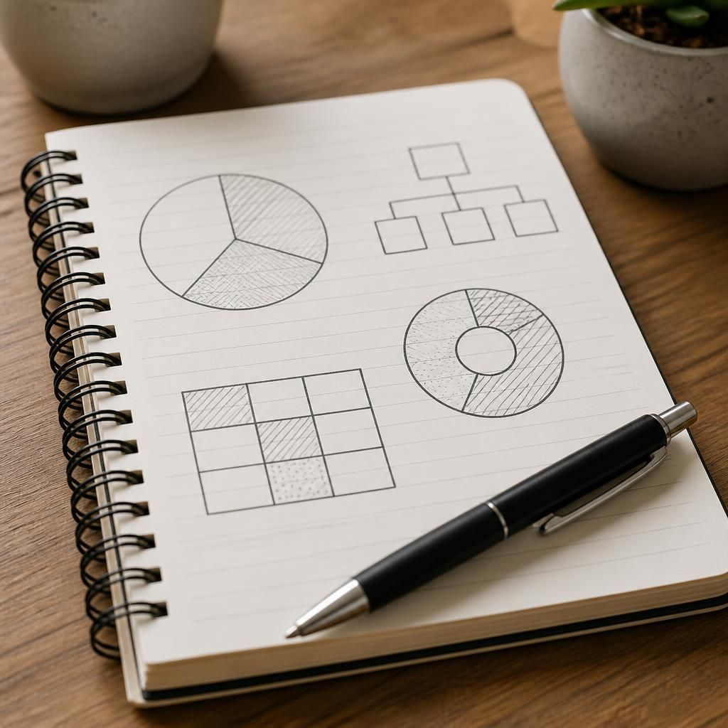 Cuaderno con gráficos sencillos y un bolígrafo